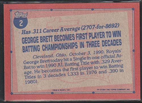 1991 Topps 2 ג'ורג 'ברט NM-MT קנזס סיטי רויאלס מורשה רשמית כרטיס מסחר בייסבול MLB