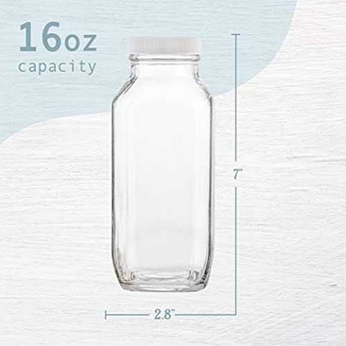 בקבוק חלב זכוכית מרובע 16 אונקיות עם מכסים אטומים מפלסטיק-צנצנות שתייה חלביות לשימוש חוזר וינטג 'מכולות לחלב, יוגורט, שייקים, קפיר, קומבוצ'