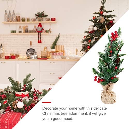עץ עץ חג המולד של Amosfun Mini Artificial חג המולד עם פינקונים וגרגרים אדומים לירידות שולחן חג המולד