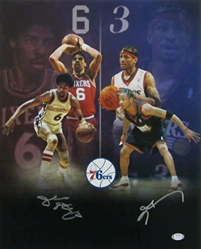יוליוס ארווינג/אלן אייברסון חוף 76ers חתימה כפולה 16x20 צילום PSA/DNA 167253 - תמונות NBA עם חתימה