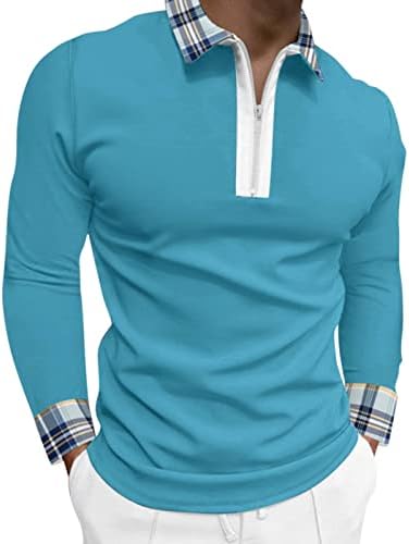 חולצות פולו גולף לגברים של ZDDO, עבודת אופנה טלאי טלאים משובצים משובצים פסים רגילים מתאימים צווארון צווארון צווארון