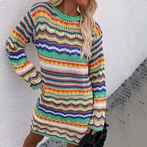 נשים של פסים סרוגה סוודר חמוד מיני לסרוג סוודר שמלת סתיו מזדמן צבעוני ארוך שרוול מגשר סווטשירט חולצות