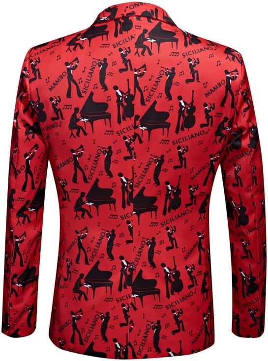 חליפה לגברים מסיבת ז'קט דפוס צבעוני אבזם אחד חליפת גברים דלים בכושר גרפיטי פסנתר שחור מודפס מעיל חליפה אדומה