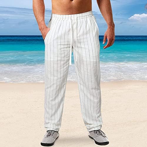 HTHLVMD ספורט חוף חוף רופף פשתן פשתן על מכנסיים לגברים מכנסי קיץ ישר לגברים
