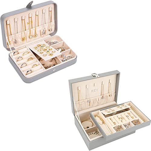 מארגן קופסאות תכשיטים של KCY לנשים בנות, 2 קופסאות PCS קופסאות קטנות וגדולות עור תכשיטים תכשיטים לעור עגילים צמידי שרשראות, מתנת וינטג