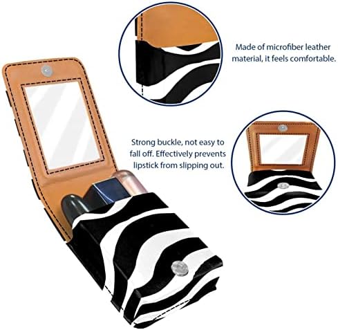שפתון מקרה עם מראה חמוד נייד איפור תיק קוסמטי פאוץ, שחור לבן פסים גל מודרני אמנות