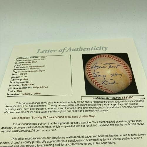ווילי מייס תגיד היי קיד חתום כתוב בייסבול NL בייסבול JSA COA חתימת מנטה - כדורי חתימה