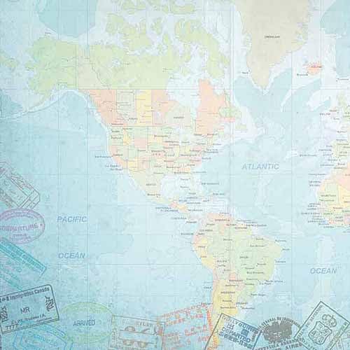 מפת חצי הכדור המערבית העולמית - נייר נסיעות 12 x12