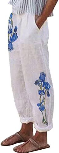 נשים נמתח רחב רגל פאלאצו מכנסיים לבבות מודפס כותנה פשתן נמתח רופף מתאים רחב רגל מכנסיים עם כיסים