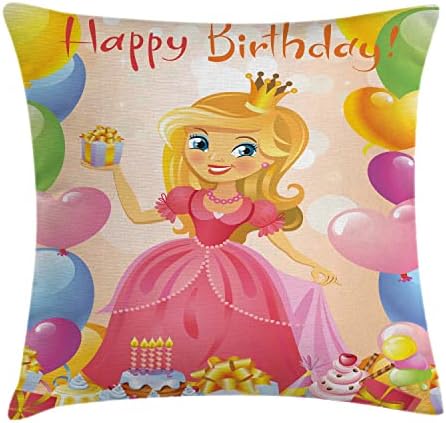כיסוי כרית כרית של כרית יום הולדת של אמבסון, נערת יום הולדת מצוירת תמונה עם תמונת לבבות ובלונים, מארז מבטא מרובע דקורטיבי, 36 x 36, צהוב