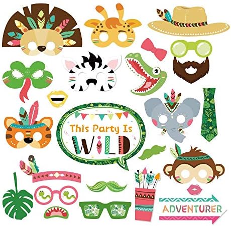 25 חתיכות של ג'ונגל שבטי חיה דוכן פוטו אבזרים עם מקלות, תנינים, קופים, פילים וכו ', אבזרי Selfie נושא המסיבה, ציוד למסיבות יום הולדת פרוע,