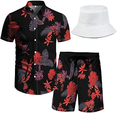 תלבושת חוף RPOVIG תלבושת תואמת מכנסיים קצרים פסטיבל הוואי גברים בגדים פרחוניים 2 סטים עם כובע דלי
