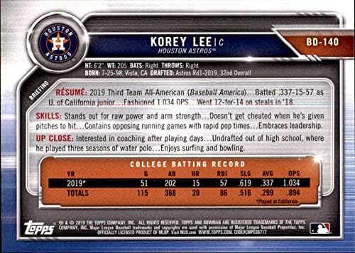 2019 Bowman Draft Baseball BD-140 Korey Lee Houston Astros רשמי מסחר רשמי MLB המיוצר על ידי Topps
