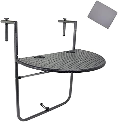 שולחן תליית מרפסת גולטיו-שולחן מעקה קש נצרים מעוגל שחור-גובה מתכוונן, מתקפל וקומפקטי, עמיד בפני מזג אוויר וחלודה-כולל מחצלת שולחן