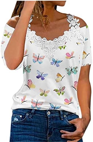 חולצת טור של כתף קרה לנשים אלגנטיות נגד צוואר סרוגה תחרה חולצות הדפס צבעוני חולצות קיץ חולצות