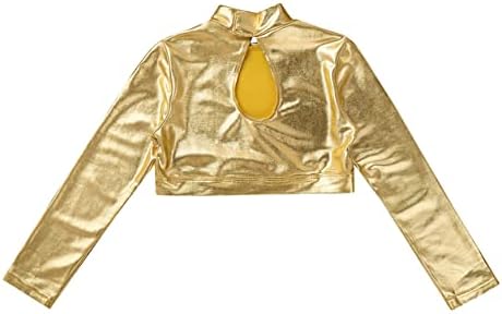 Moggemol ילדים בנות מבריק מתכות שרוול ארוך צווארון צווארון צוואר צוואר צווארון יבול מחול חולצות טירטס תלבושת מופע זהב 12 שנים